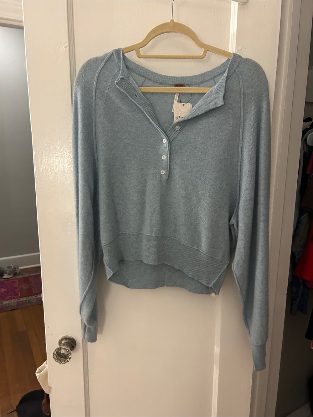 Free People Pale Blue Henley Hoodie Pullover